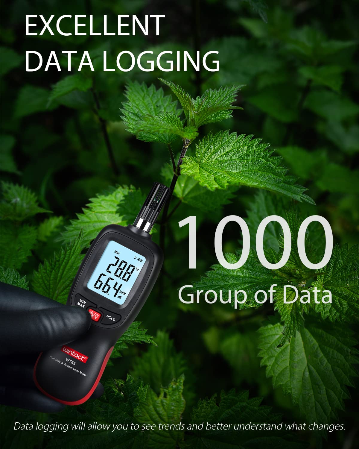 Wintact Digital Temperature and Humidity Meter, Thermometer Hygrometer Monitor with Dew Point and Wet Bulb Temperature, Backlight, Max/Min Value, Data Hold, Store 1000 Group of Data for Indoor Outdoor