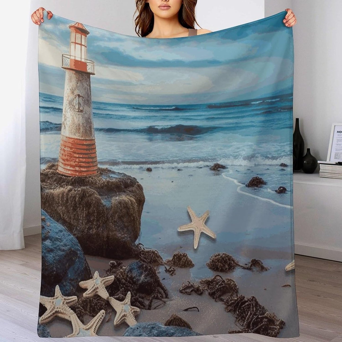 Starfish Lighthouse Beach Blanket Super Soft Lightweight Throw Blanket Cute Cozy Warm Bed Blanket Decorative Fuzzy Blanket All-Season Home Decor Gift for Sofa Couch Living Room 50"*60"（130 * 150cm）