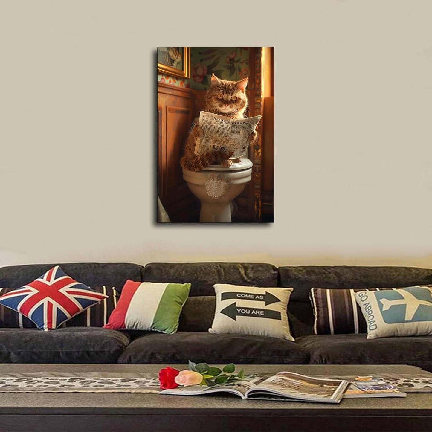 chenmjj Cat Sitting on Luxury Toilet and Reading Newspaper Print Poster Picture HD Print Poster Retro Painted Modern Home Bedroom Room Aesthetic Decoration Canvas Art (16x24inch Unframed)