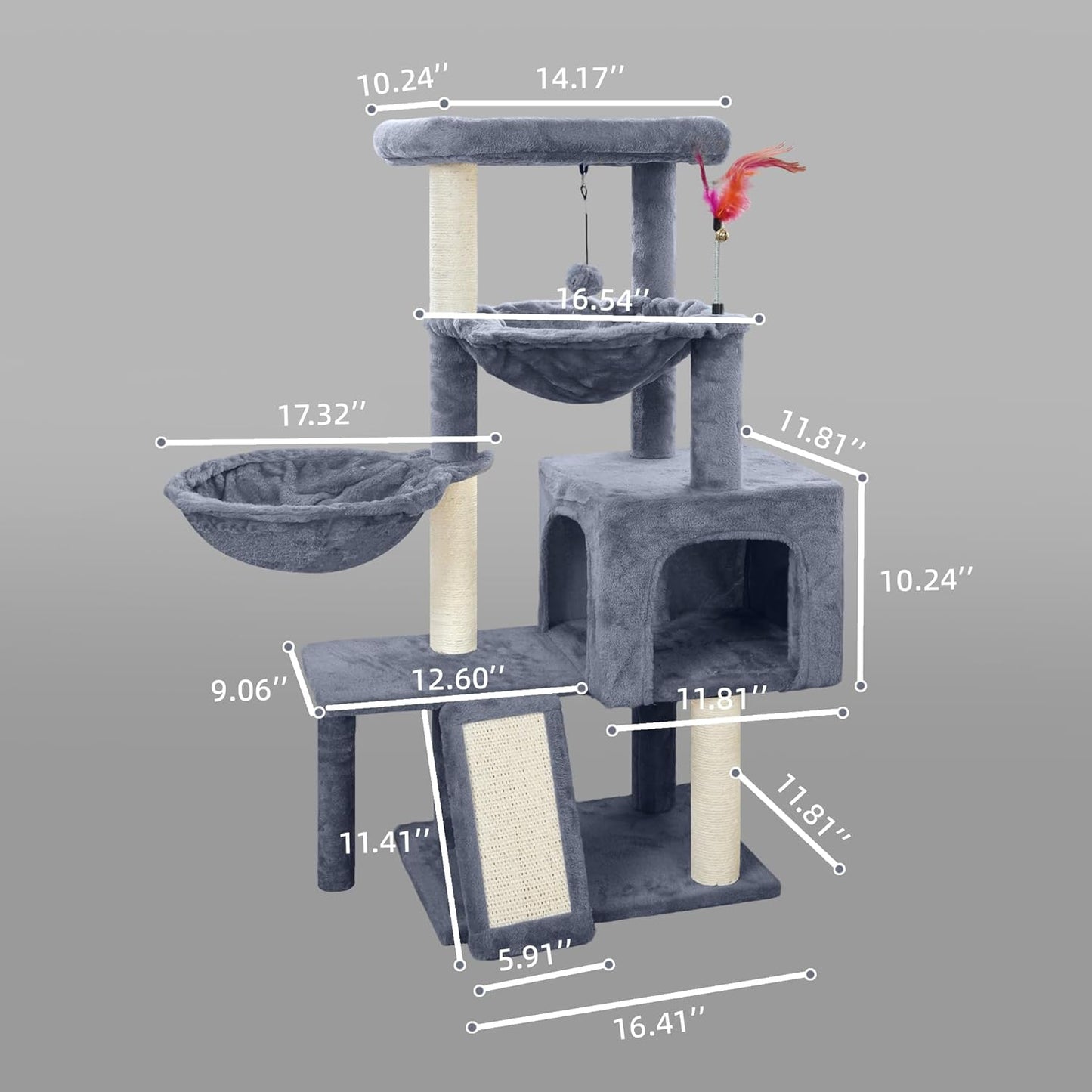 Cat Tree with Cat Condo and Two Hammocks, Cat Tree with Scratching Posts and Scratching Pads, Cat Tower for Indoor Cats, Activity Centre Climbing Tree with Playful Toy Balls, Grey