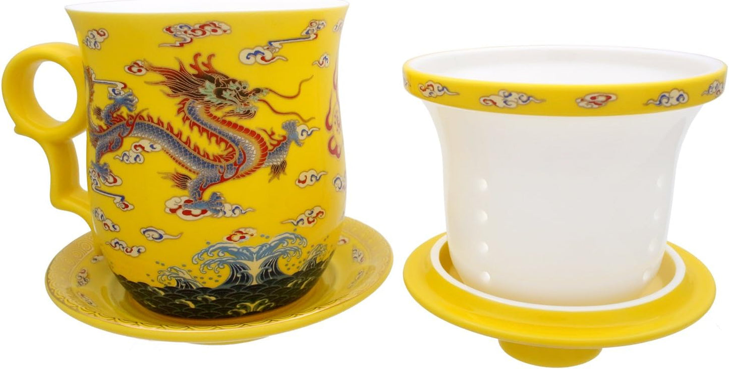 Porcelain Tea Cup with Infuser Lid and Saucer Sets - Chinese Jingdezhen Ceramics Coffee Mug Teacup Loose Leaf Tea Brewing System for Home Office