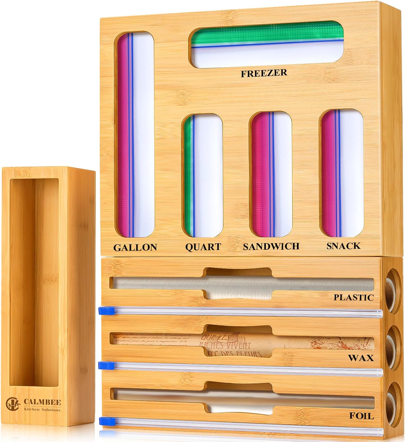 Calmbee 9 IN 1 Storage Bag Organizer for Kitchen Drawer, Bamboo Foil and Plastic Wrap with Cutter, Organizers Compatible Gallon, Quart, Sandwich Snack Size