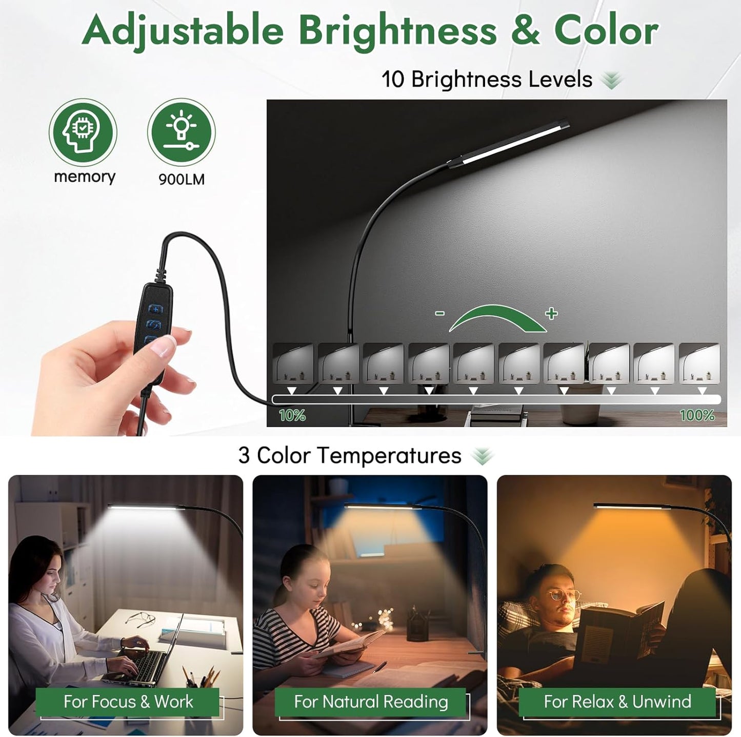 Clamp Lamp for Desk, Eye-Caring LED Clip Light, 27"Tall Flexible Arm, 3 Color Modes 10 Brightness, USB-Powered Task Lamp for Home Office Reading, Crafting, Sewing,5V/2A Adapter Included Black