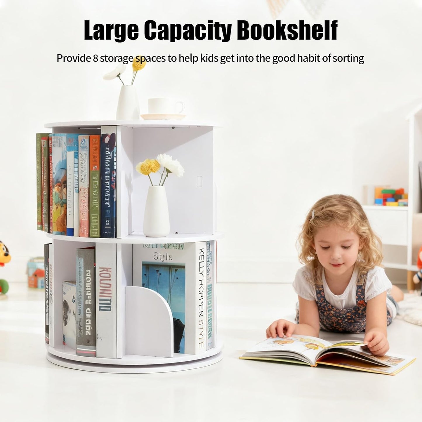 Desktop Double-Layer Rotating Bookshelf Tower – 360° Rotating Bookcase Storage Rack with 8 Shelves, Rotating Storage for Books,Making it Ideal for desks, nightstands, and Compact Corners.