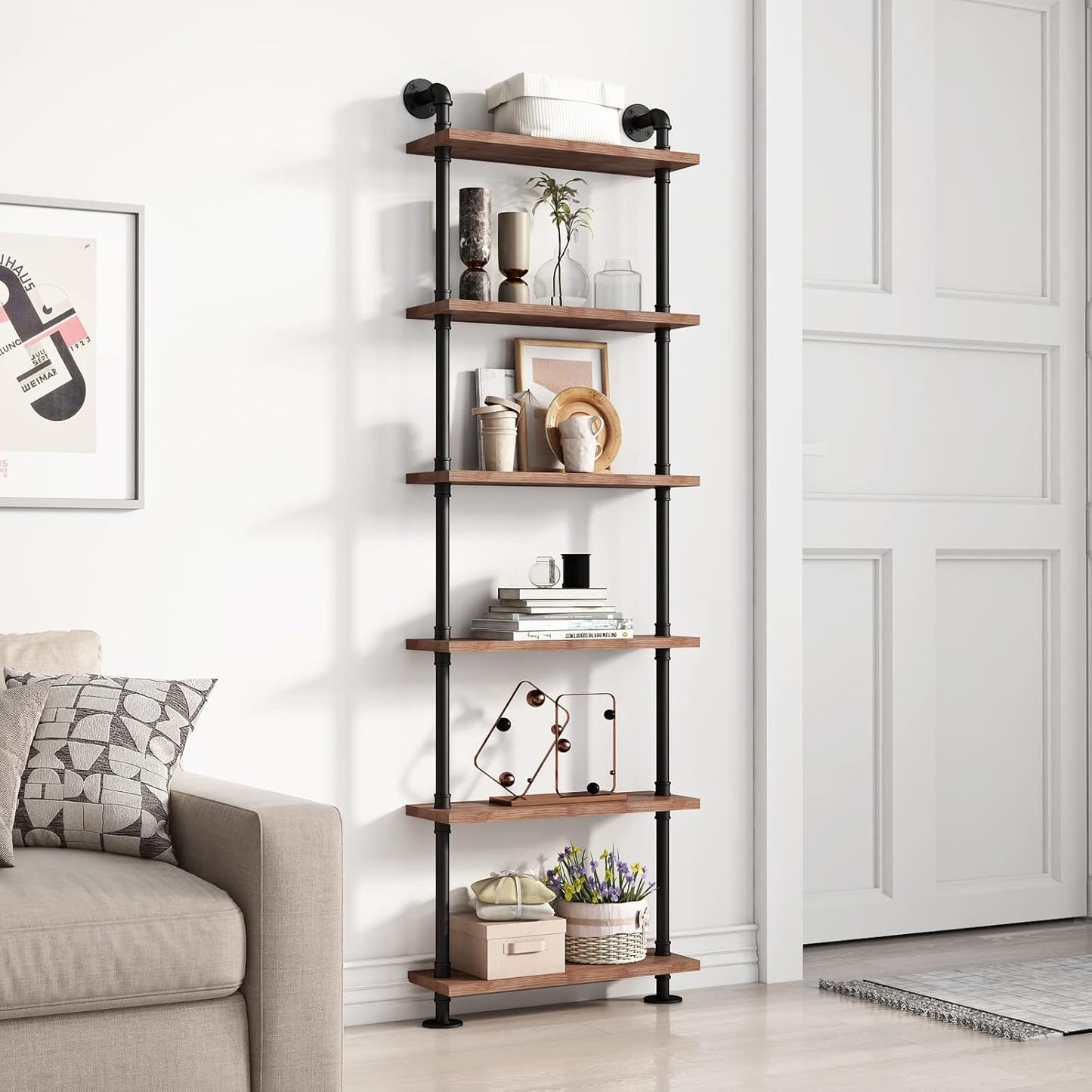 BOSURU Industrial Pipe Bookshelves Rustic Wood Ladder Bookshelf, Industrial Pipe Shelf for Living Room Decor and Storage,Bookcase(Only One Shelf)