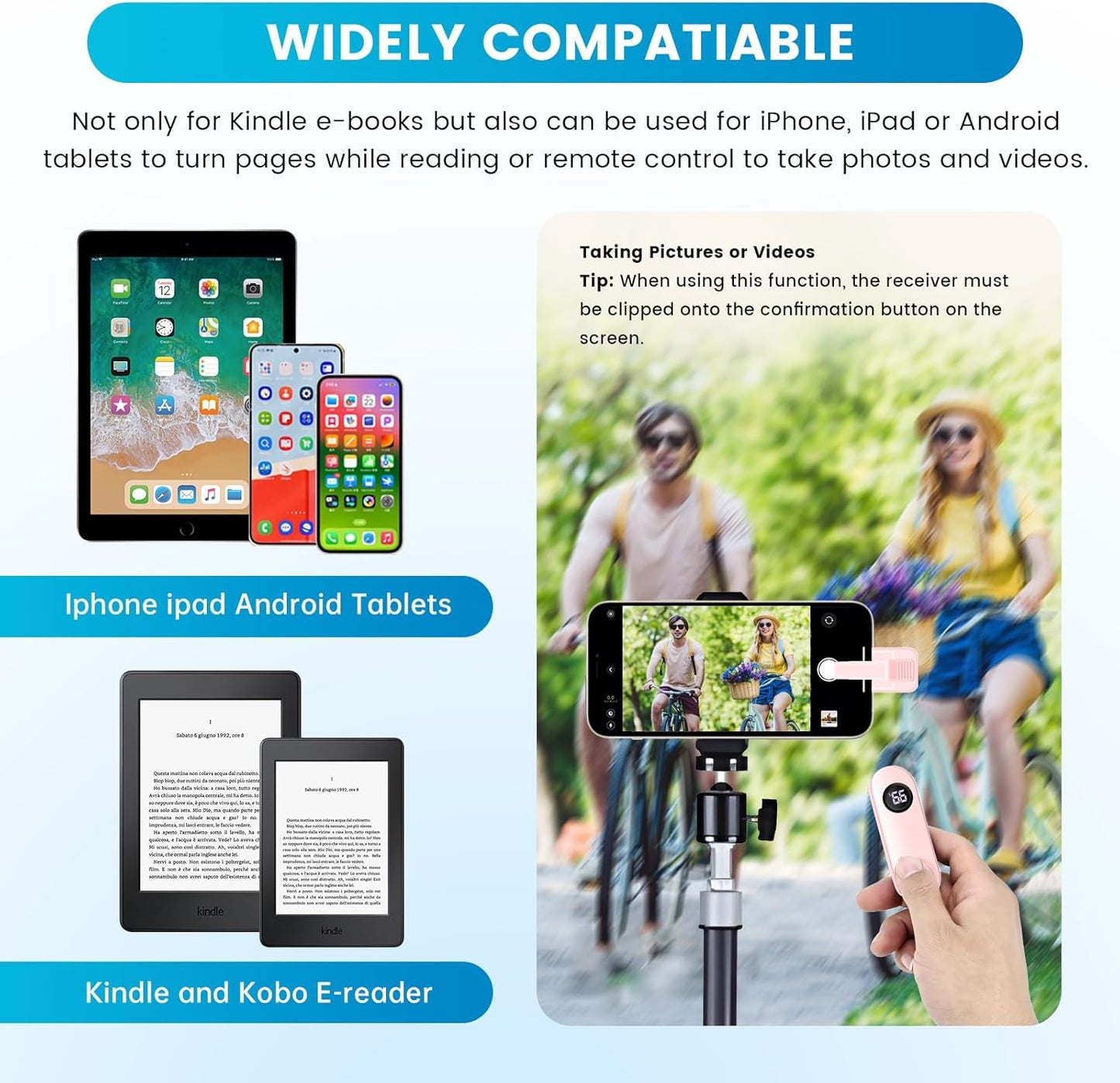 Page Turner for Kindle Paperwhite, RF Remote Control Clicker Page Turner Kindle Accessories for iPhone,iPad, Android Tablets Reading Novels,Camera Video Record&Shutter Selfie (Pink)