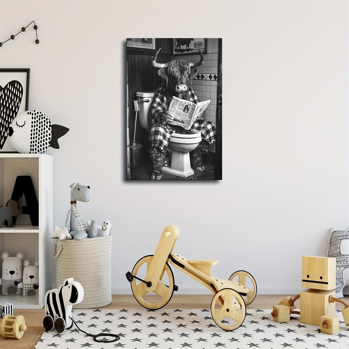 Cow Reading Newspaper in Toilet is Funny Canvas Wall Prints poster Modern Home Aesthetic Decor Wall art for Bedroom Dorm (16x24inch Unframe)