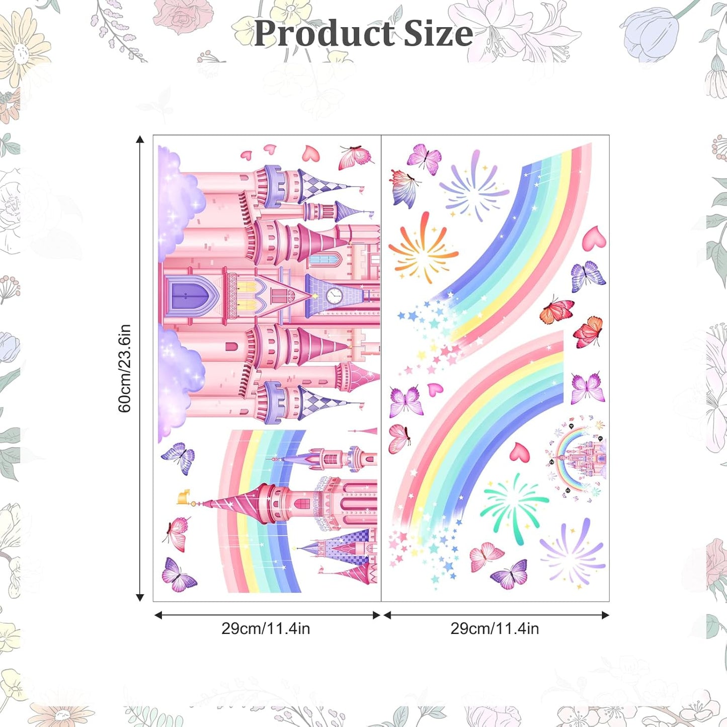 Rainbow Castle Wall Stickers, Watercolor Fireworks Butterflies Wall Decals Peel and Stick Wall Decal Self Adhesive Home Decor for Girls Nursery Kids Room