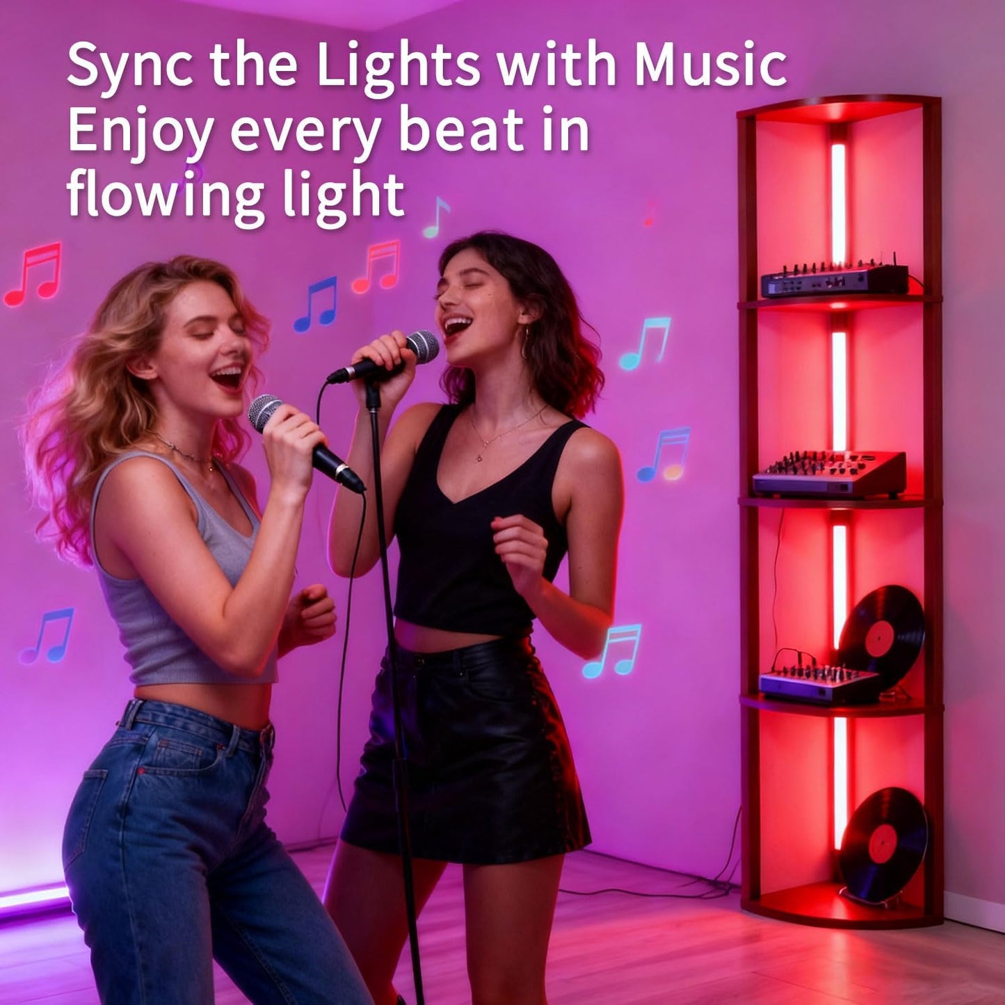 RGBCW Floor Lamp with Shelves, Smart Modern Floor Lamp with Music Sync, LED Color Changing Corner Display Shelf Lamp, Tall Lamps for Living Room and Bedroom, Bookshelf Lamp, Brown