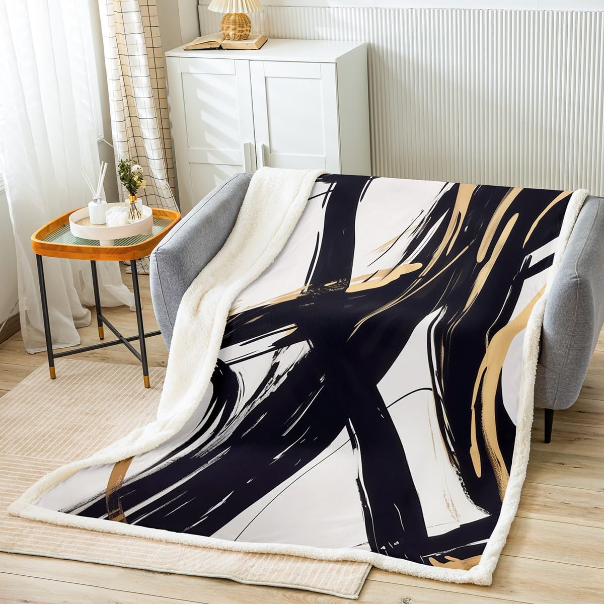 Feelyou Black Gold Abstract Art Line Fleece Throw Blanket Modern Geometric Sherpa Blanket Xmas Minimalist Ink Line Soft Fuzzy Blanket for Sofa Bed Couch 60"x80"