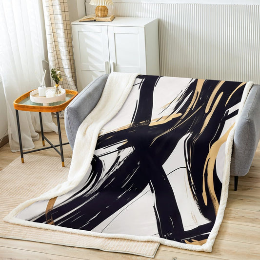 Feelyou Black Gold Abstract Art Line Fleece Throw Blanket Modern Geometric Sherpa Blanket Xmas Minimalist Ink Line Soft Fuzzy Blanket for Sofa Bed Couch 60"x80"