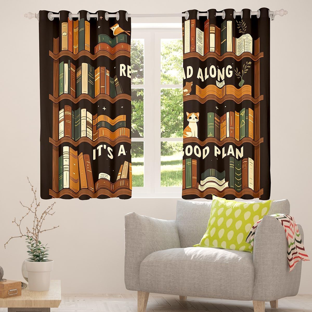jejeloiu Books Window Drapes (2 Panels, 52 x 84 Inch) Kids Read Book Blackout Shades Window Treatments Library Reading Along Cats Cute Kitten Curtains Room Darkening Curtain Room Decor