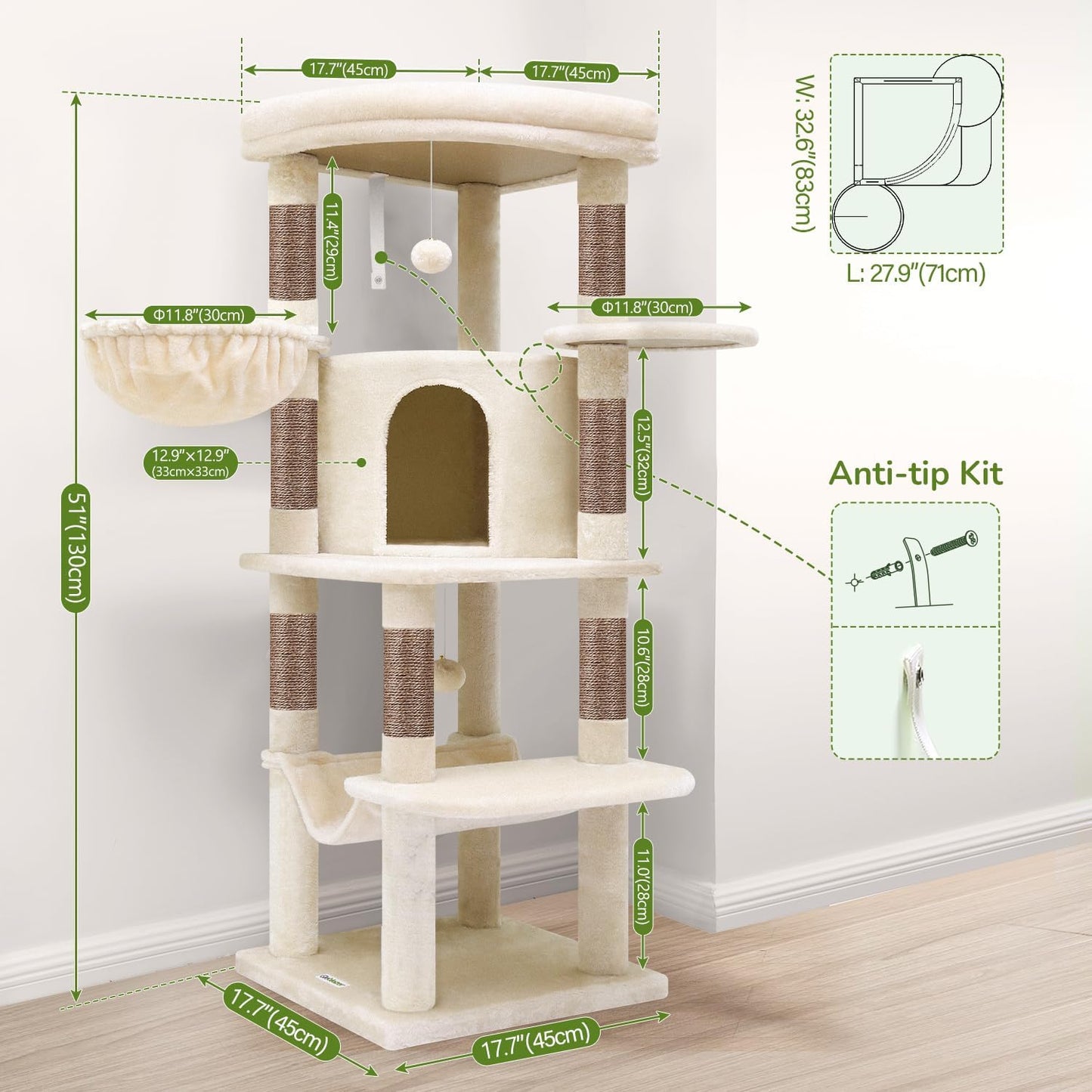 Globlazer Corner Cat Tree, 51in Curved Series Modern Cat Tower for Indoor Cats with Hammock, 7 Sisal Scratching Posts, Large Fan-Shaped Platform for Large Cats, Cat Condo & Hanging Basket, C51, Beige