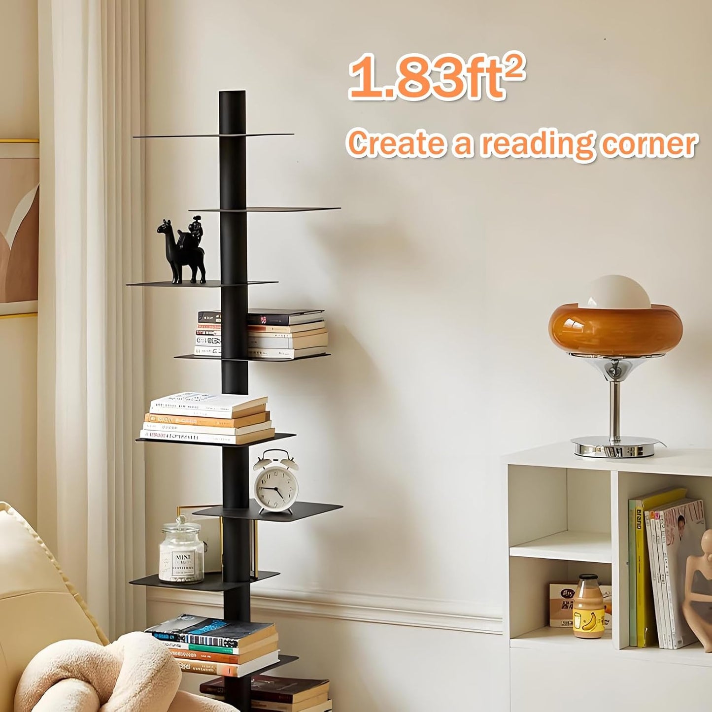 9-Tier Rotating Book Shelf, 360° Spin Metal Spine Book Tower, Tall Narrow Corner Bookcase, Floor Standing Storage Shelf for Bedroom, Living Room, Home Office - White