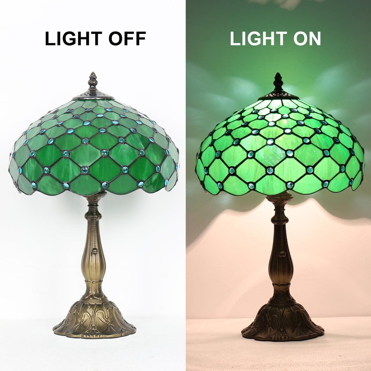 Stained Glass Table Lamp,Green Pearl Style Lamp,12X12X19 Inch Reading Light,Vintage Glass Desk Light for Living Room Bedroom