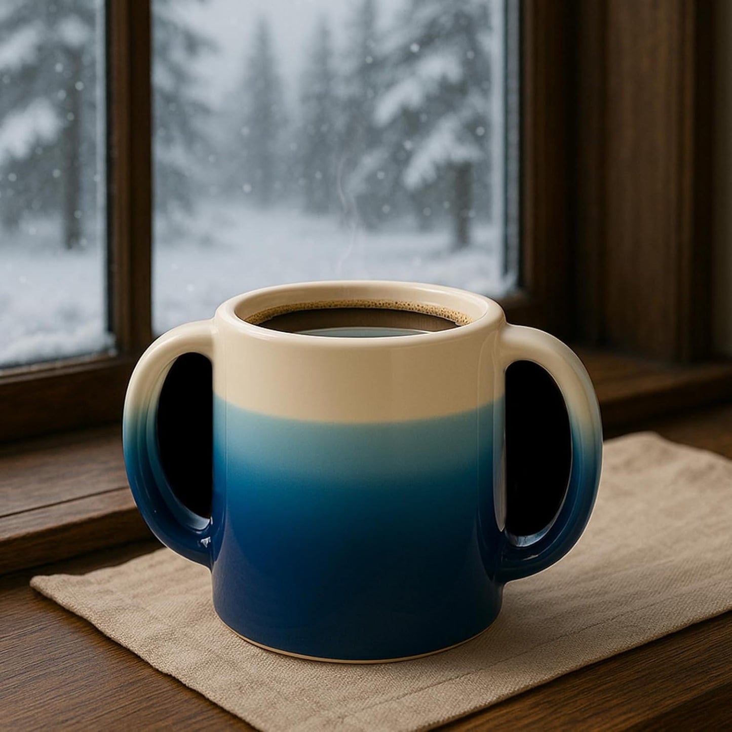 Double Hand Warmer Mug , Handmade Pottery - HandWarmer Contoured Pockets Both Hands will Hold Warmth From The Heat Of Your Drink To Keep Your Fingers Warm, Comfy Blue - Winter Stocking Stuffer Gift