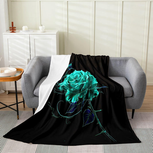 Feelyou Glowing Teal Rose Print Plush Throw Blanket Black Gothic Flannel Blanket Throw 50"x60" Swirling Line Art All Season Gothic Romantic for Couch Bed Sofa Moody Floral Decor Bedroom Decor
