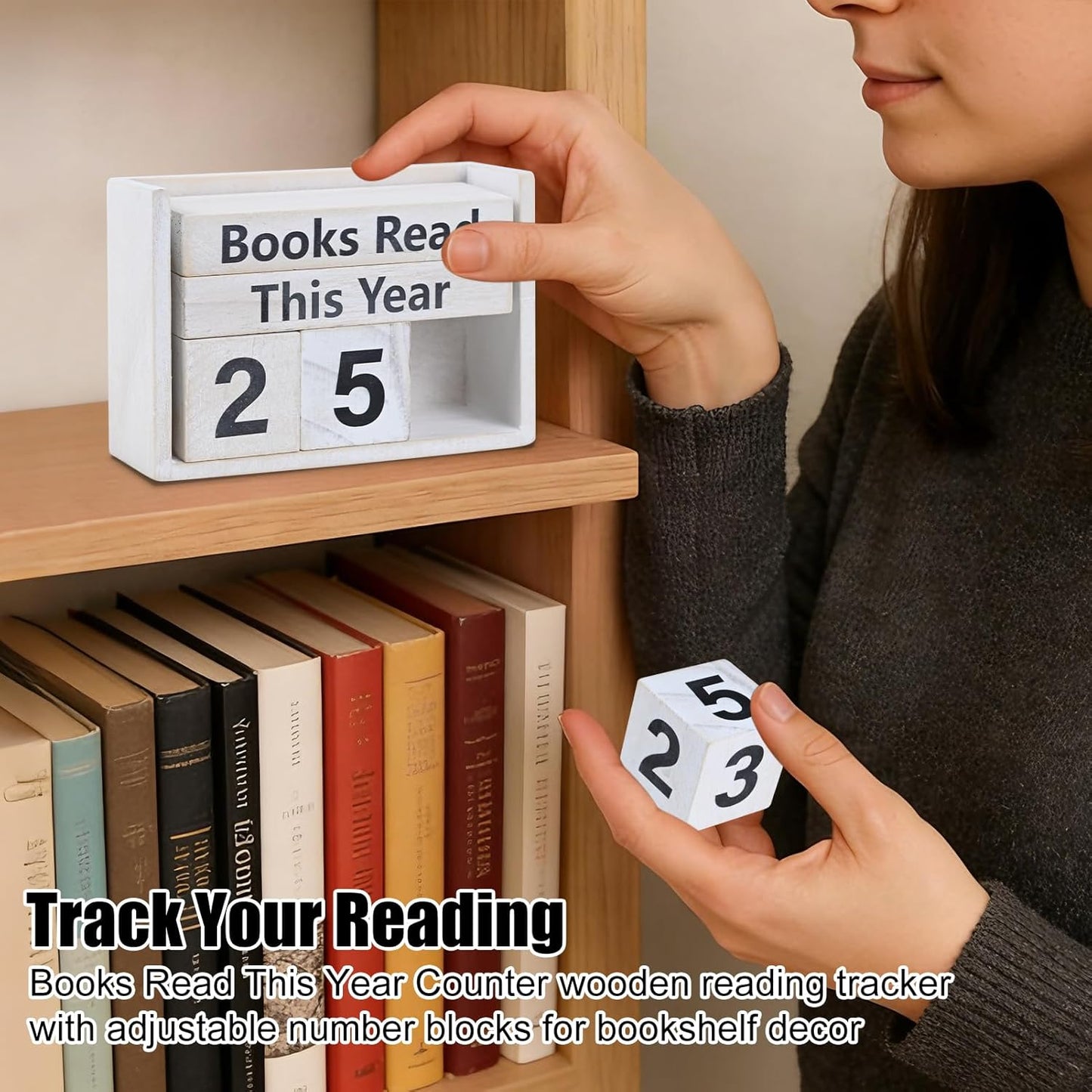 Books Read This Year Counter - Wooden Reading Tracker Block, Adjustable Book Count Display, Rustic Book Lover Decor for Bookshelf Desk Library Reading Goals Gift (Vintage)