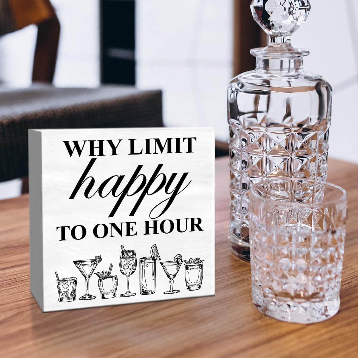 Bar Decor Wooden Box Sign, Home Kitchen Dining Room Drinking Bar Table Decor Cheers Bar Cart Cocktails Decoration, Bar Gifts for Women Men Couples, Limit Happy to One Hour, White