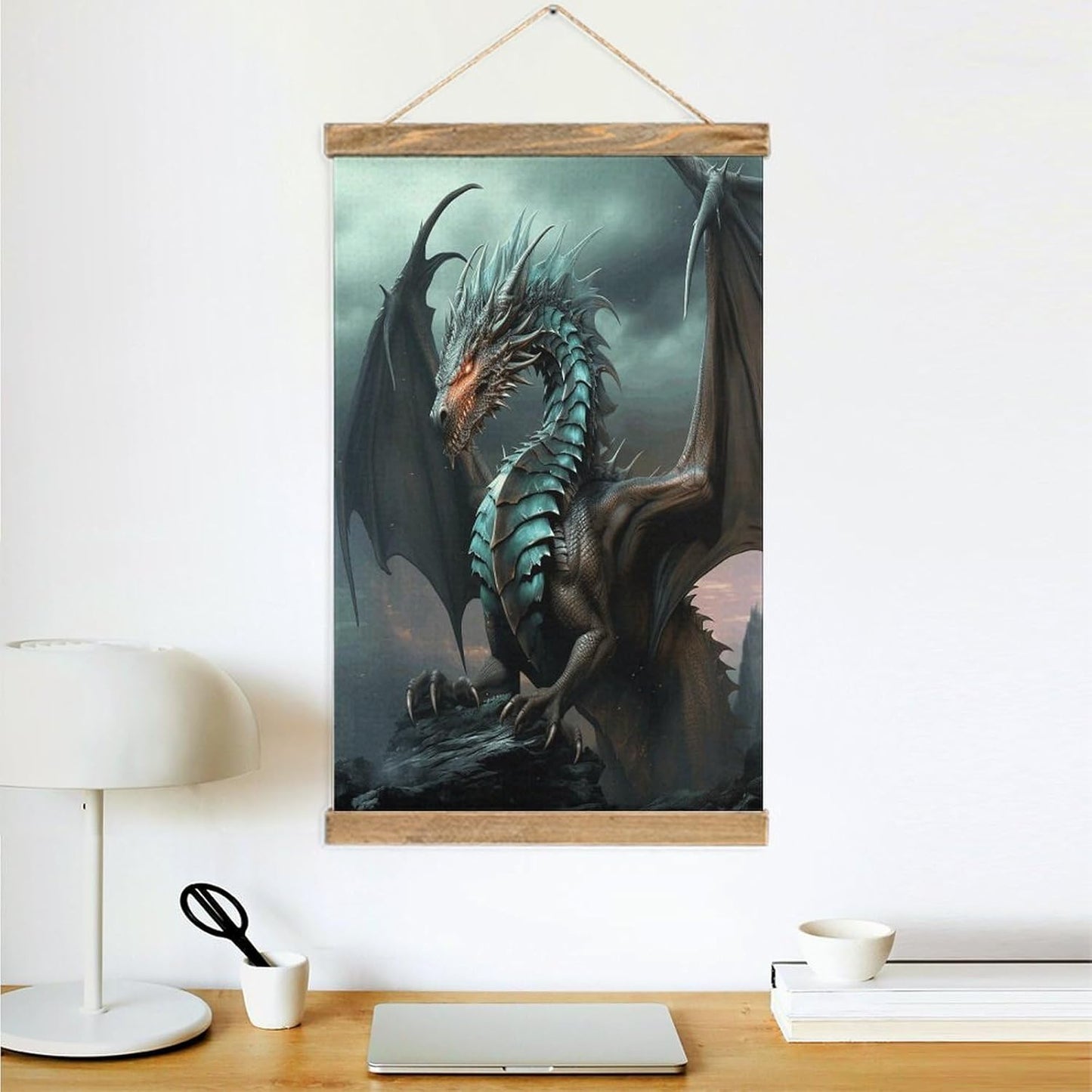 Vintage Cool Dragon Poster with Wooden Frame Personalized Linen Hanging Scroll Painting Rustic Wall Hanging Illustrative Modern Artwork Decor for Home Living Room Bedroom Office