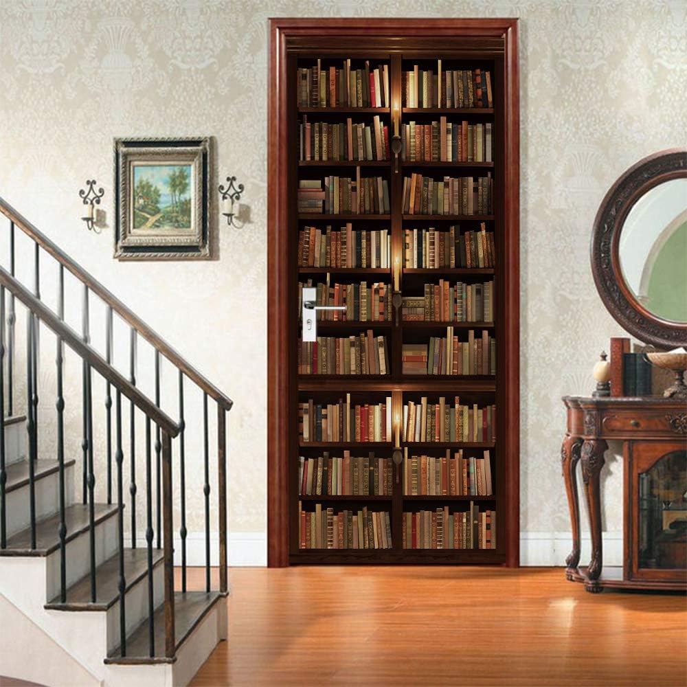 TUOKING Door Sticker, Peel and Stick Vinyl Door Decals, Self-Adhesive Mural for Home Decor, 30.3" W x 78.7" L, Set of 2 Sheets, Bookshelf
