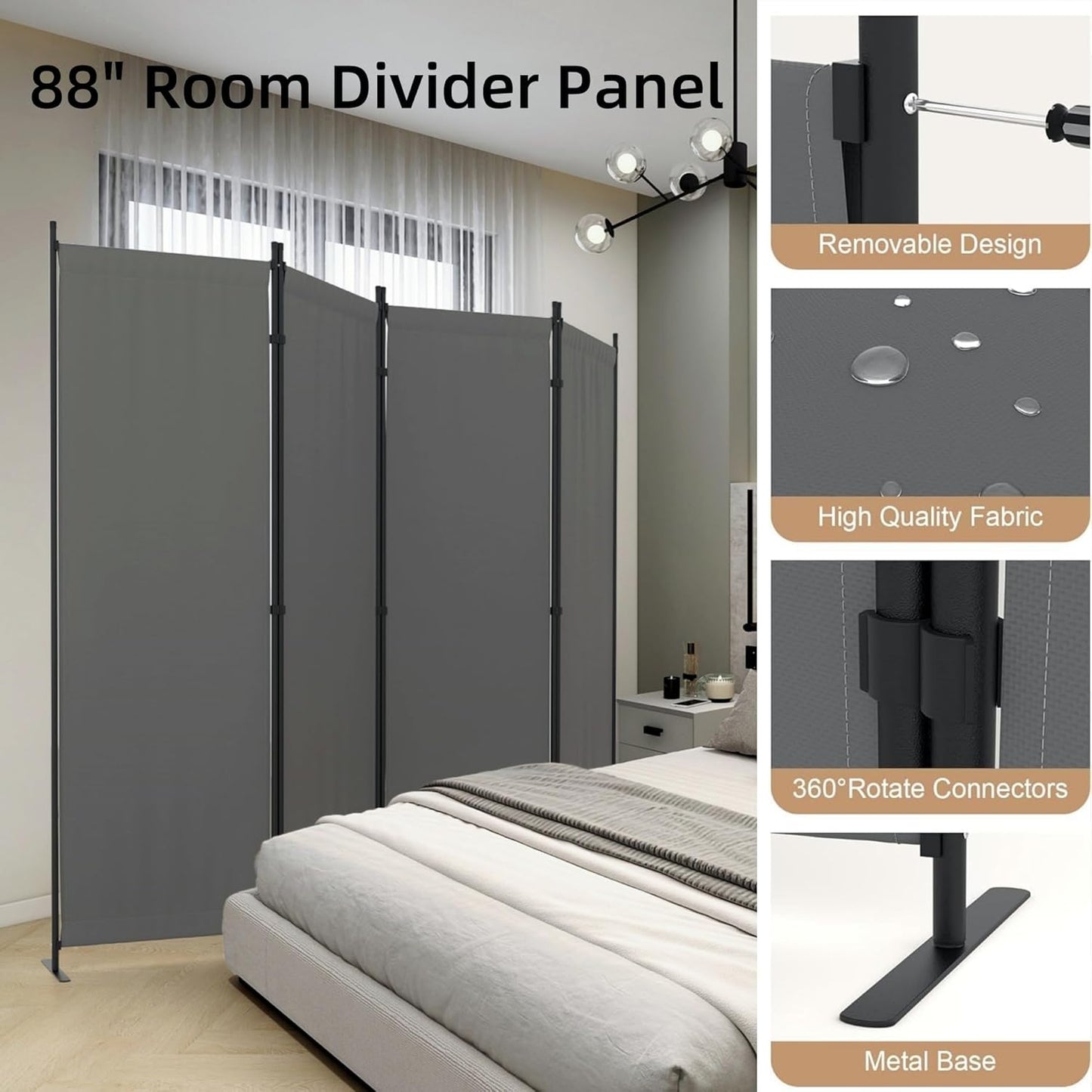 Privacy Screen Room Divider as Dressing Screen 4 Panel Wall Room Divider with 3 Wider Feet Portable Wall 6FT Partition Wall for Office Dining Room Children's Separate Rooms,Grey