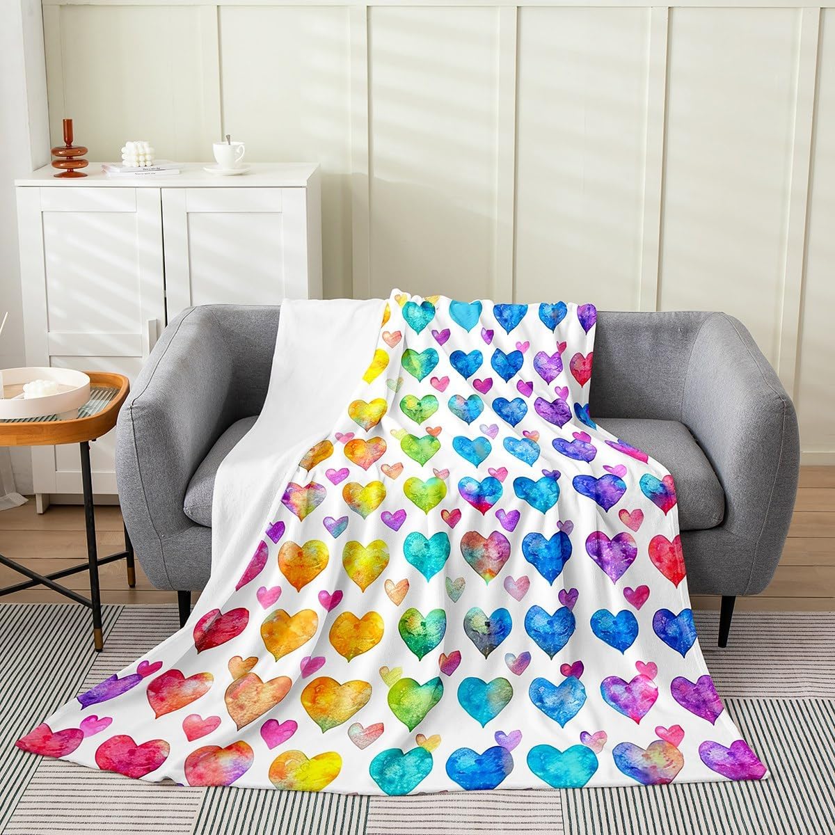 Feelyou Love Heart Fleece Flannel Fuzzy Blanket, Rainbow Heart Pattern, Plush Throw Blanket, 50"x60", All Season, Bed Blanket for Kids, Microfiber Room Decor Throw