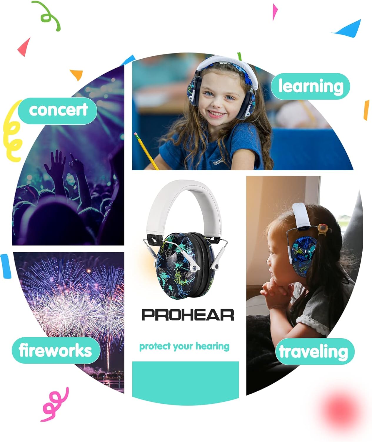 PROHEAR 032 Kids Ear Protection Safety Ear Muffs, NRR 25dB Noise Reduction Childrens Earmuffs, Adjustable Headband Hearing Protectors for Sports Events, Concerts, Racing, Airports - Graffiti Pattern