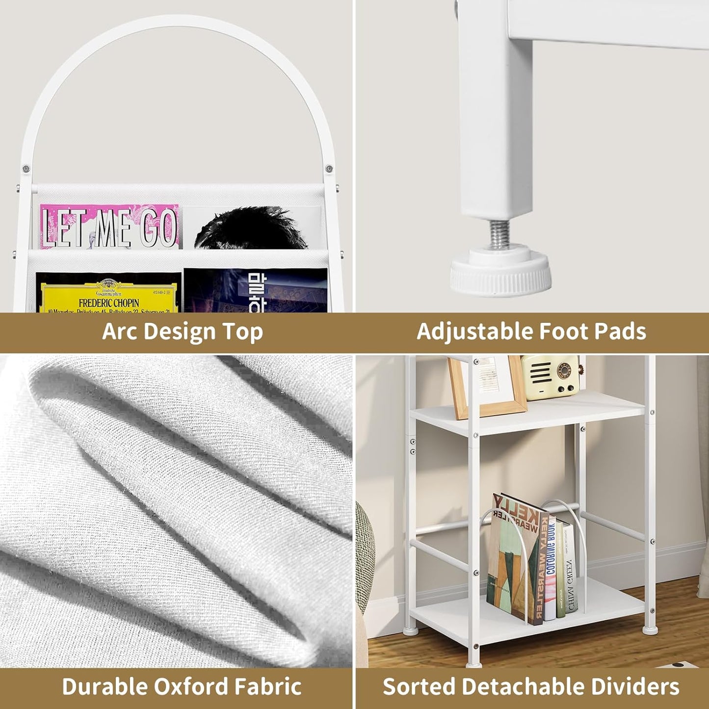 Bookshelf with 3 Tier Vinyl Holder Display Shelf, Record Storage Organizer Rack Cabinet for Book Magazine, Tall Industrial Open Book Shelves with Metal Frame for Living Room (White)