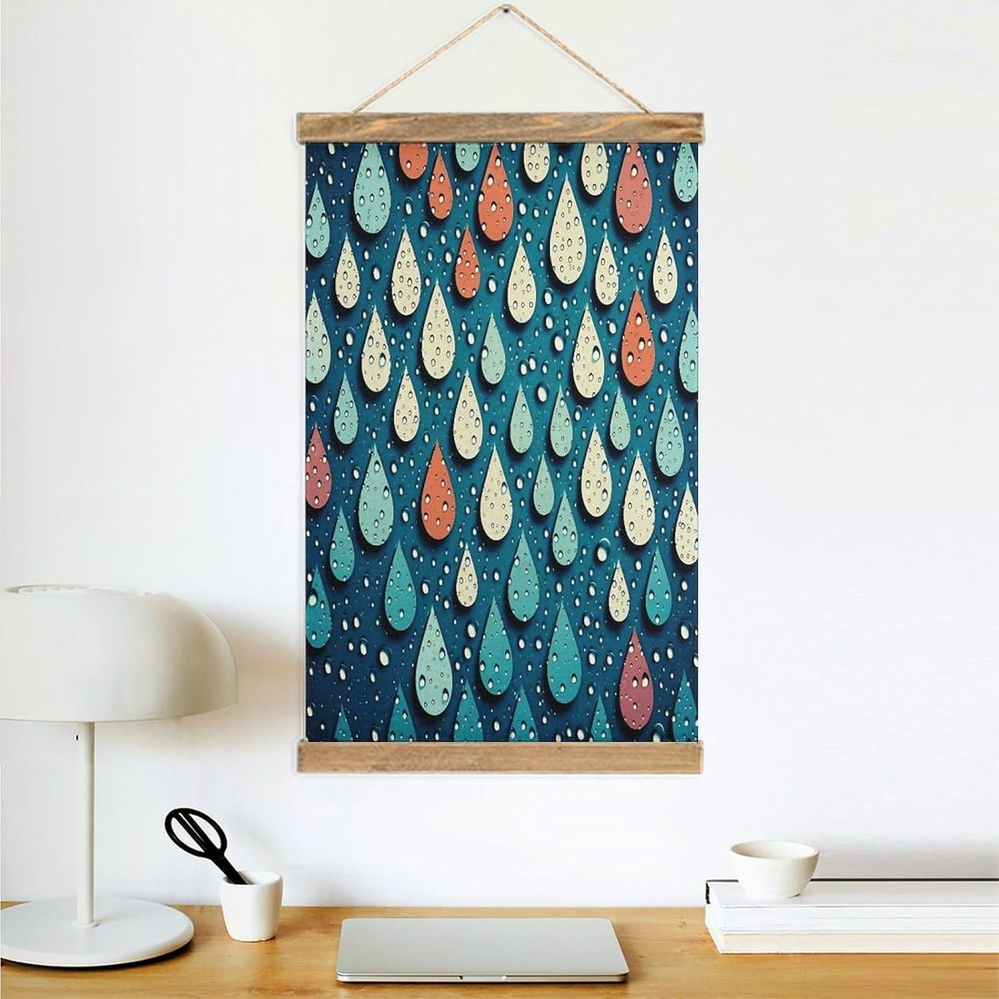 Vintage Water Drops Dots Poster with Wooden Frame Personalized Linen Hanging Scroll Painting Rustic Wall Hanging Illustrative Modern Artwork Decor for Home Living Room Bedroom Office