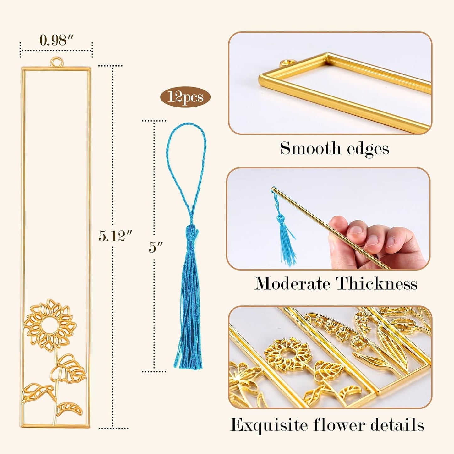 LET'S RESIN 12pcs Bookmark Bezels for Resin with Tassels, UV Resin Molds for DIY Bookmarks, Metal Bookmark Bezels Bulk for Craft Supplies & Wind Chime Accessories (Tape Not Included)