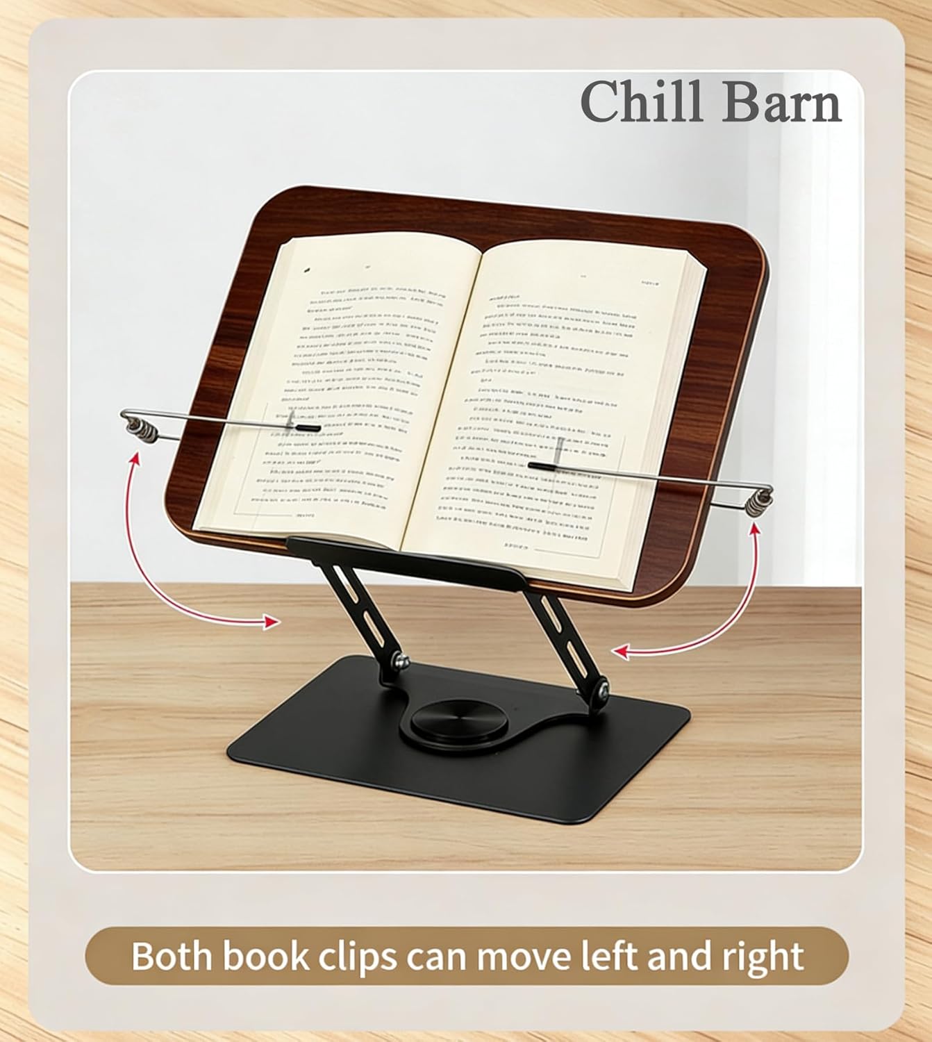 Chill Barn;Book Stand for Reading, 360° Rotating Hands Free Book Holder, Adjustable Height and Angle, Page Clip for Cookbook, Recipe, Magazine, Laptop,Tablet, Foldable for Kitchen, Office, School;