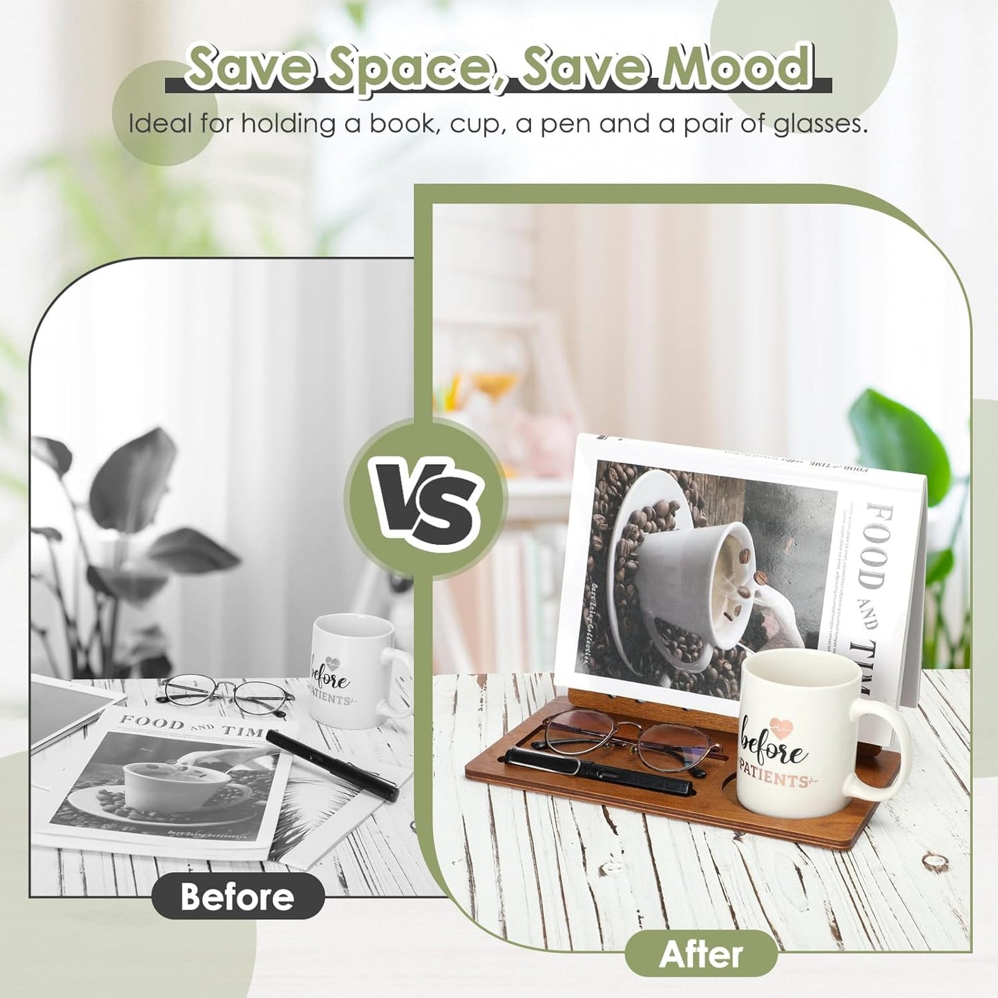 Huray Rayho Book Holder Wooden Book Stand for Reading Rest Page Marker Nightstands Organizer with Cup Mug Glasses Pen Holder Book Lovers Gift for Readers LibrarianTeachers Students Birthday Present
