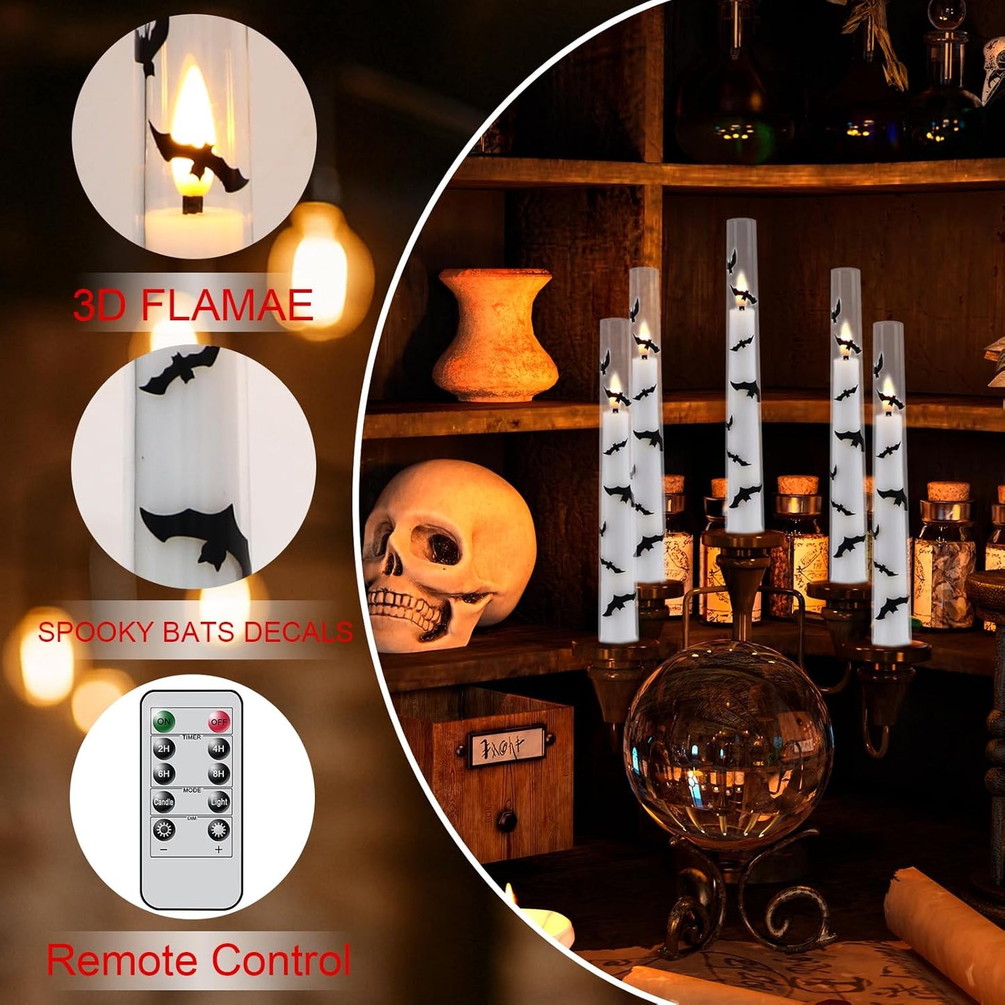 GenSwin Halloween Flameless Taper Candles, 4 Pack Bats LED Taper Candles Battery Operated with Remote Timer, Acrylic Flameless Candlesticks with Bat Prints for Halloween Decor(0.78” x 7.87”)
