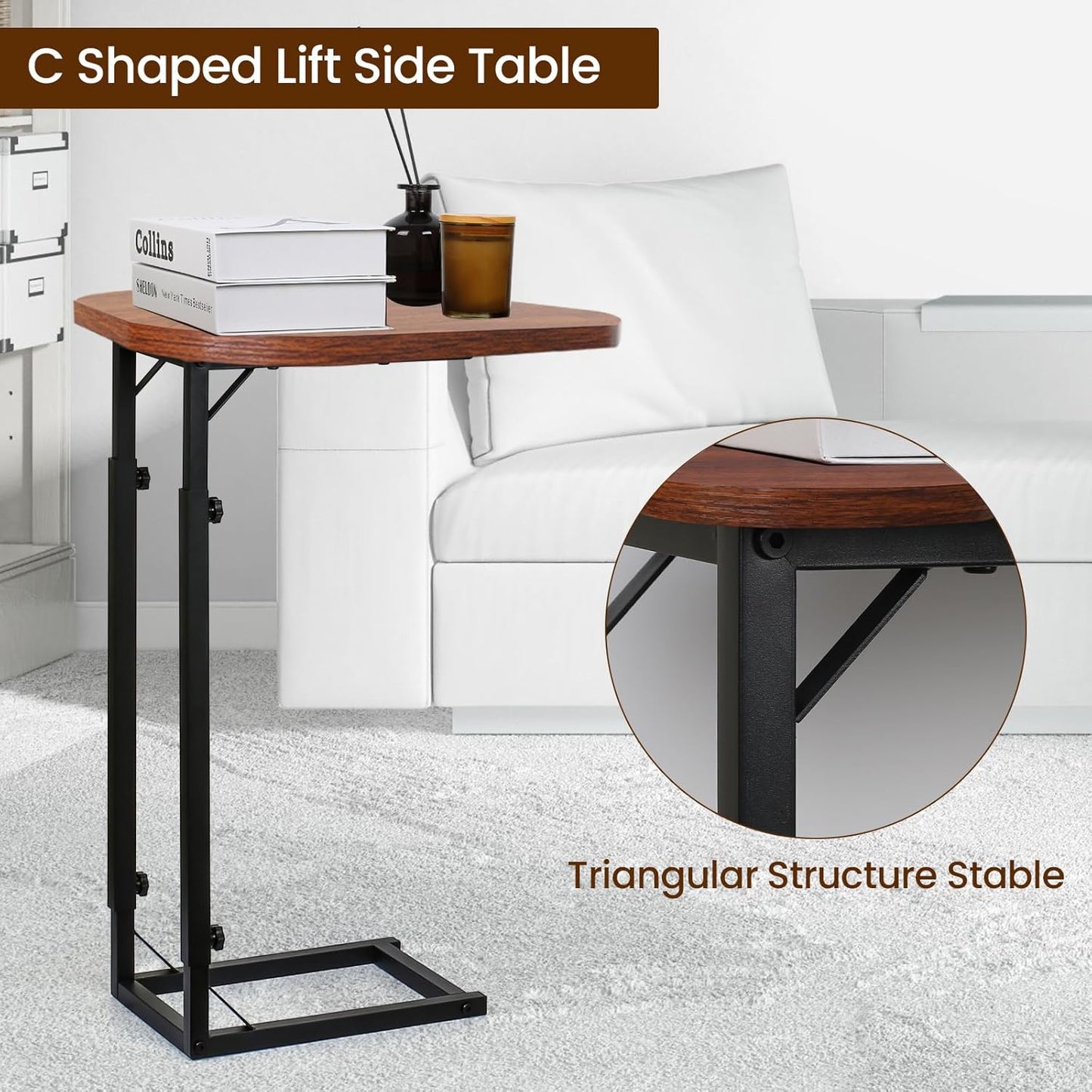 Premium Adjustable C-Shaped End Table for Couch, Mini Side Tables for Sofa, Small Coffee Table with Metal Frame, Beautiful and Practical Sidekick for Your Living Room, Bedroom, Bedside, Rustic Brown | Premium, Adjustable, for Couch, for Sofa, with Metal F