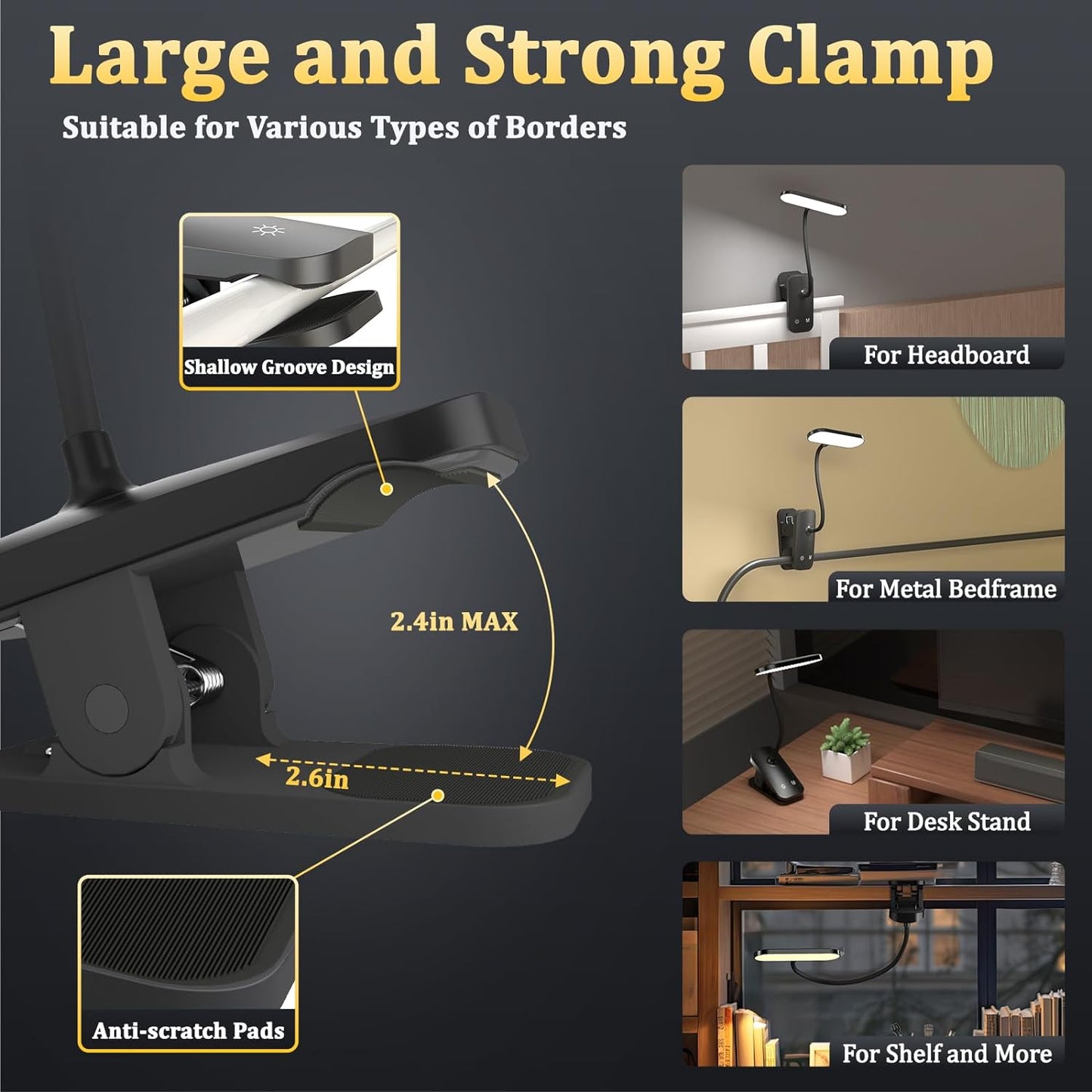 Clip on Desk Lamp, Battery Powered Reading Light with Strong Clamp - 5 Colors 5 Brightness, USB Rechargeable Portable Cordless Book Lamp for Bed Headboard Table Bedside Home Office (Black)