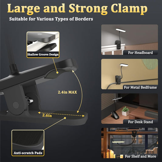 Clip on Desk Lamp, Battery Powered Reading Light with Strong Clamp - 5 Colors 5 Brightness, USB Rechargeable Portable Cordless Book Lamp for Bed Headboard Table Bedside Home Office (Black)