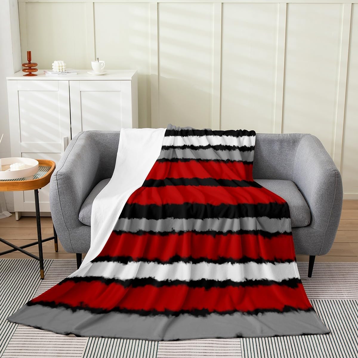 Feelyou Red Black Grey Blanket Twin 60"x80" Stripes Plush Throw Blanket, for Sofa Couch Kids Girls Decor Geometric Flannel Fleece Blanket Microfiber Modern Striped Bedroom