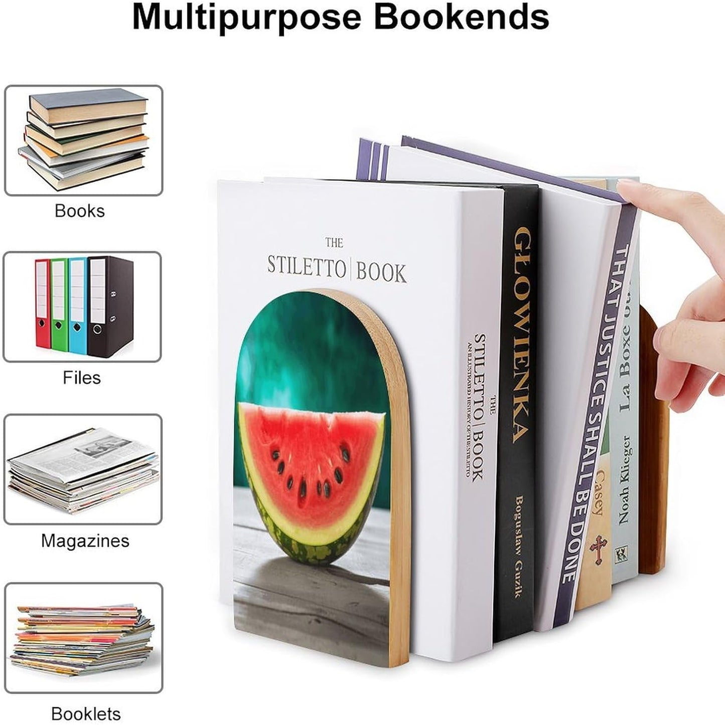 Watermelon with Smiley Bookend for Shelves Wooden Book End Large Size Sturdy Book Holders Stoppers with Metal Base for Bookshelves Slick Decorative Bookends Stands