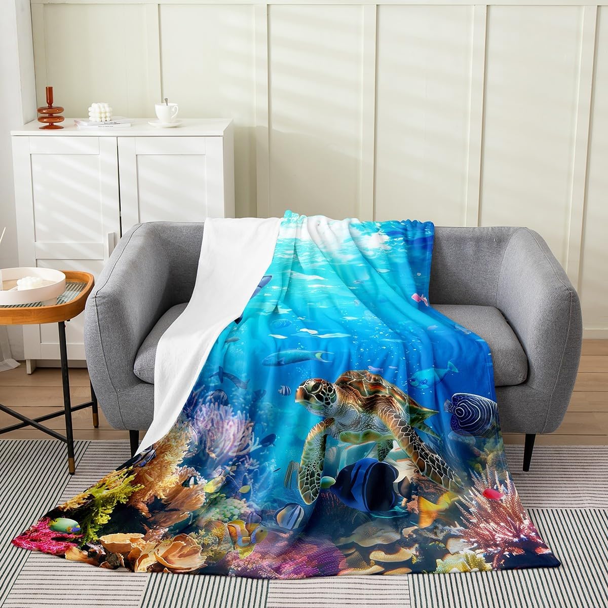 Erosebridal Sea Turtle & Shark All Season Fleece Blanket - Queen Size, Ocean Animals Fishes Fuzzy Blanket for Sofa, Bed, Couch Decor