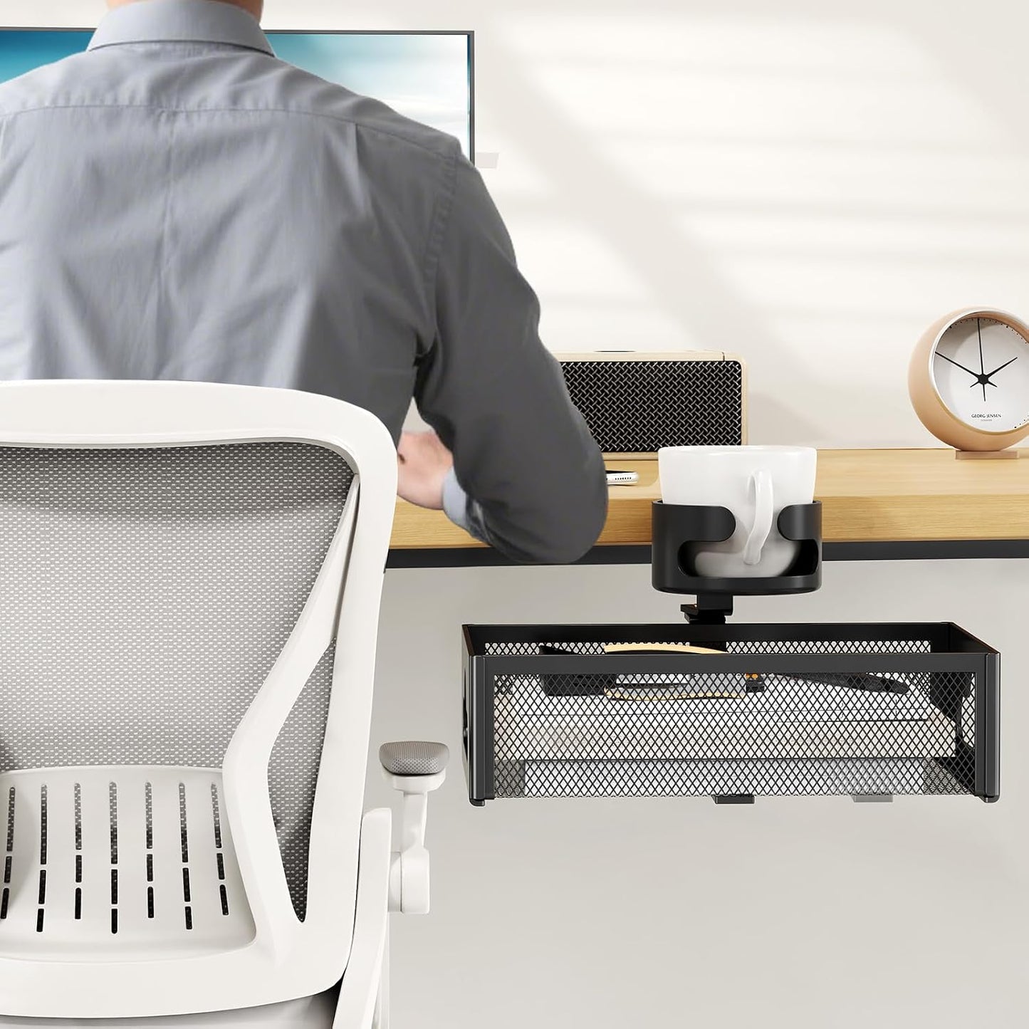 Desk Cup Holder with Drawer Organizer, Anti-Spill Clip-On Table Cup Hook with 360° Rotation Hidden Storage Box for Office Home Gaming Table (Black)
