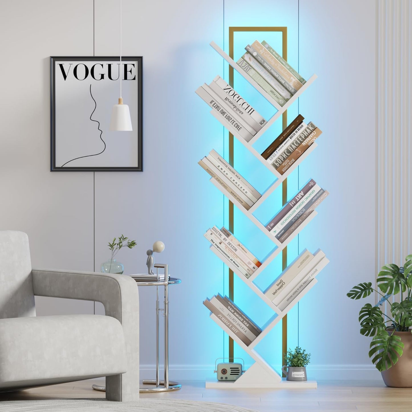Tree Book Shelf with LED Lights, 9 Tier Floor Standing Bookcase, Classical Corner Shelf Kids Bookshelf, Tall Wood Book Storage for Bedroom, Living Room, Home Office, White