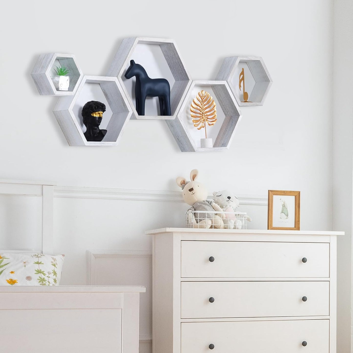 PHOENANCEE Hexagon Floating Shelves,Wall Mounted Wood Farmhouse Storage Honeycomb Wall Shelf Set of 5,for Bathroom, Kitchen, Bedroom, Living Room,Office,Driftwood Finish (Weathered White)