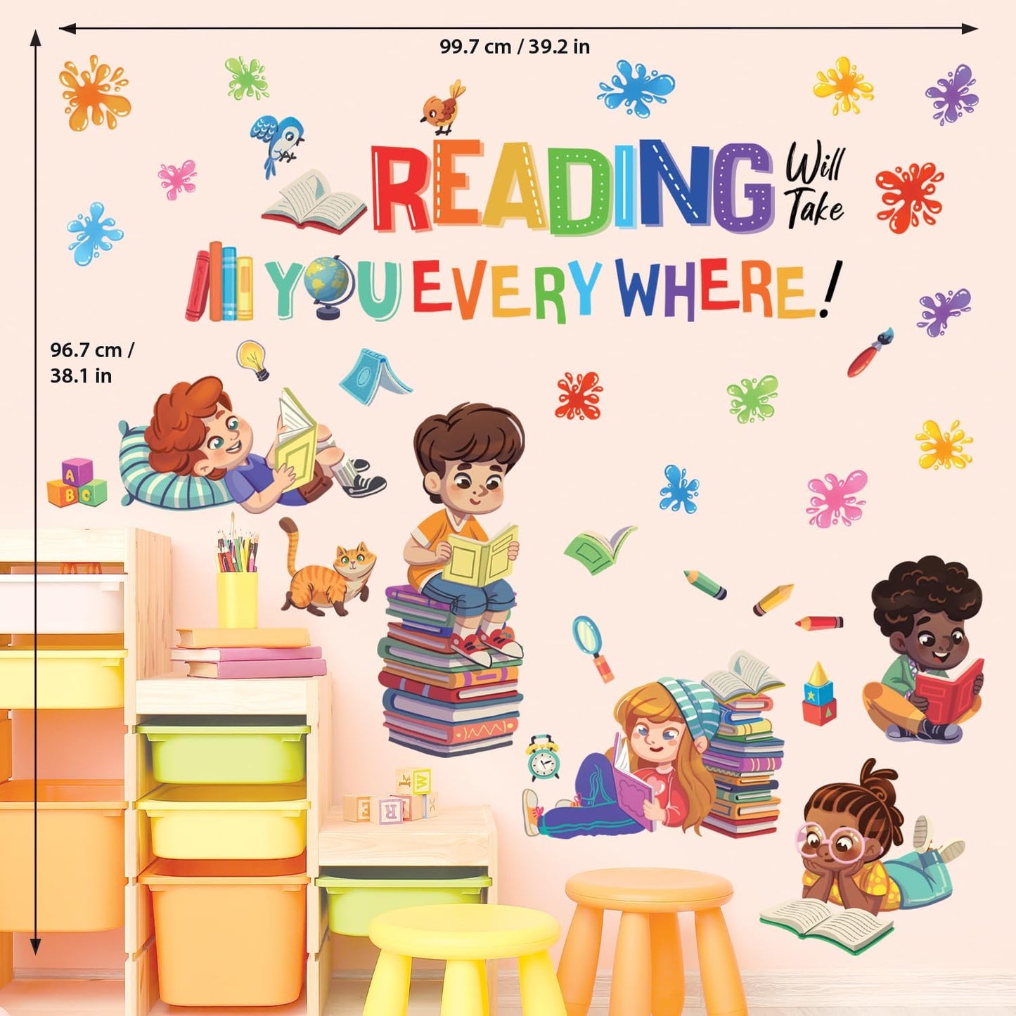 DECOWALL SG2-2404 Kids Reading Corner Wall Stickers Decals Reading Room ABC Décor Classroom Playroom Library Nursery Peel and Stick Removable Baby Boys Girls Decorations School Inspirational