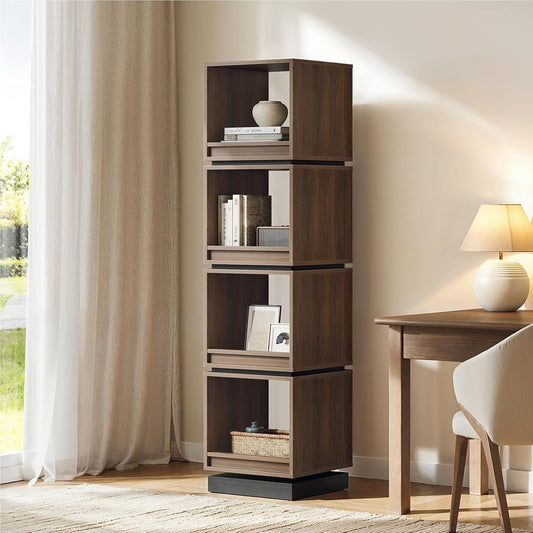 4-Tier Rotating Bookshelf Tower, 360° Spinning Wood Narrow Tall Book Shelf Organizer, Modern Geometric Storage for Sapce Saving, Revolving Bookcase for Living Room, Bedroom, Home Office