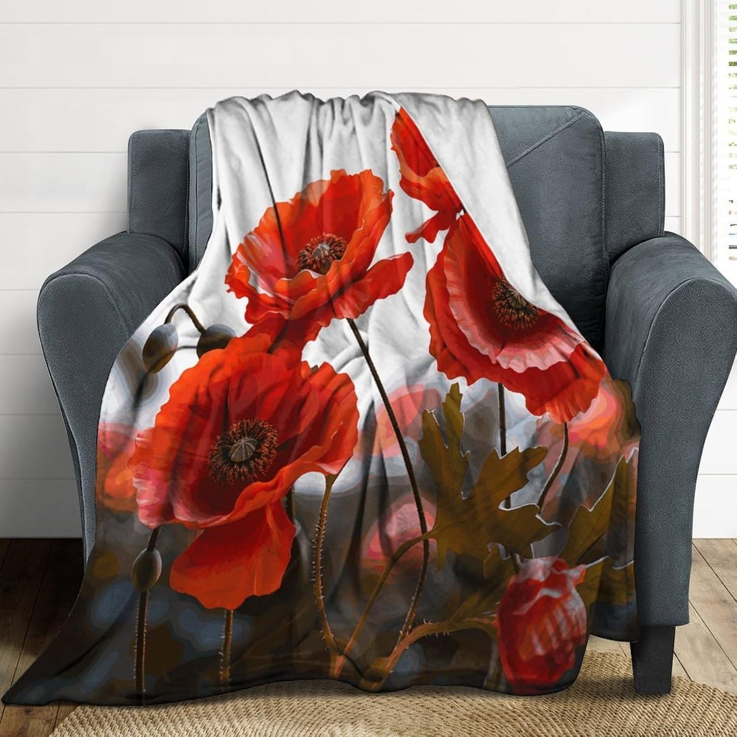 Poppy Flowers Vivid Petals Blanket Super Soft Lightweight Throw Blanket Cute Cozy Warm Bed Blanket Decorative Fuzzy Blanket All-Season Home Decor Gift for Sofa Couch Living Room 50"*60"（130 * 150cm）
