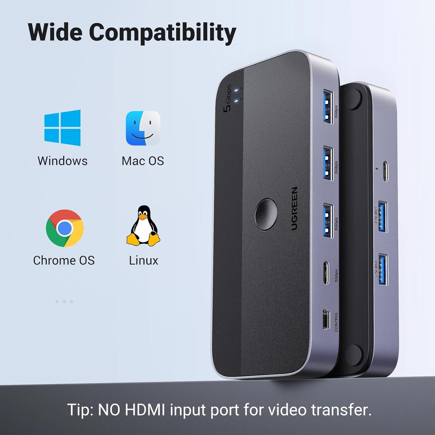 UGREEN USB 3.0 Switch 2 Computers Sharing USB C & A Devices, 4 Port USB Switcher Sharing Keyboard and Mouse, Printer/Scanner USB Switch Hub for Two Computers with 2 USB3.0 Cables and Controller