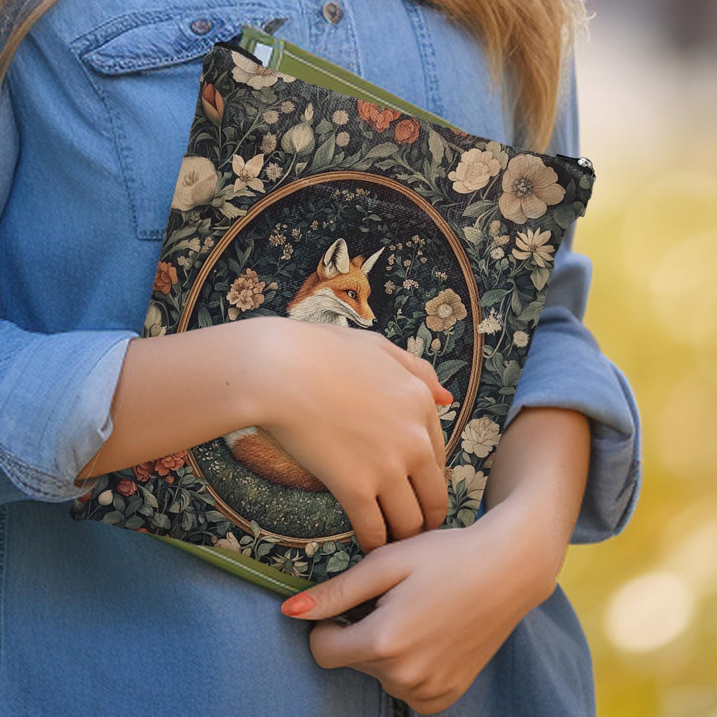 Vintage Flower Fox William Morris Book Sleeve for Book Lovers, Bookish Book Protector with Zipper, Washable Fabric Book Cover for Paperbacks & Hardcovers,11.4 x 9.1Inches (White Flower-Fox, Medium)