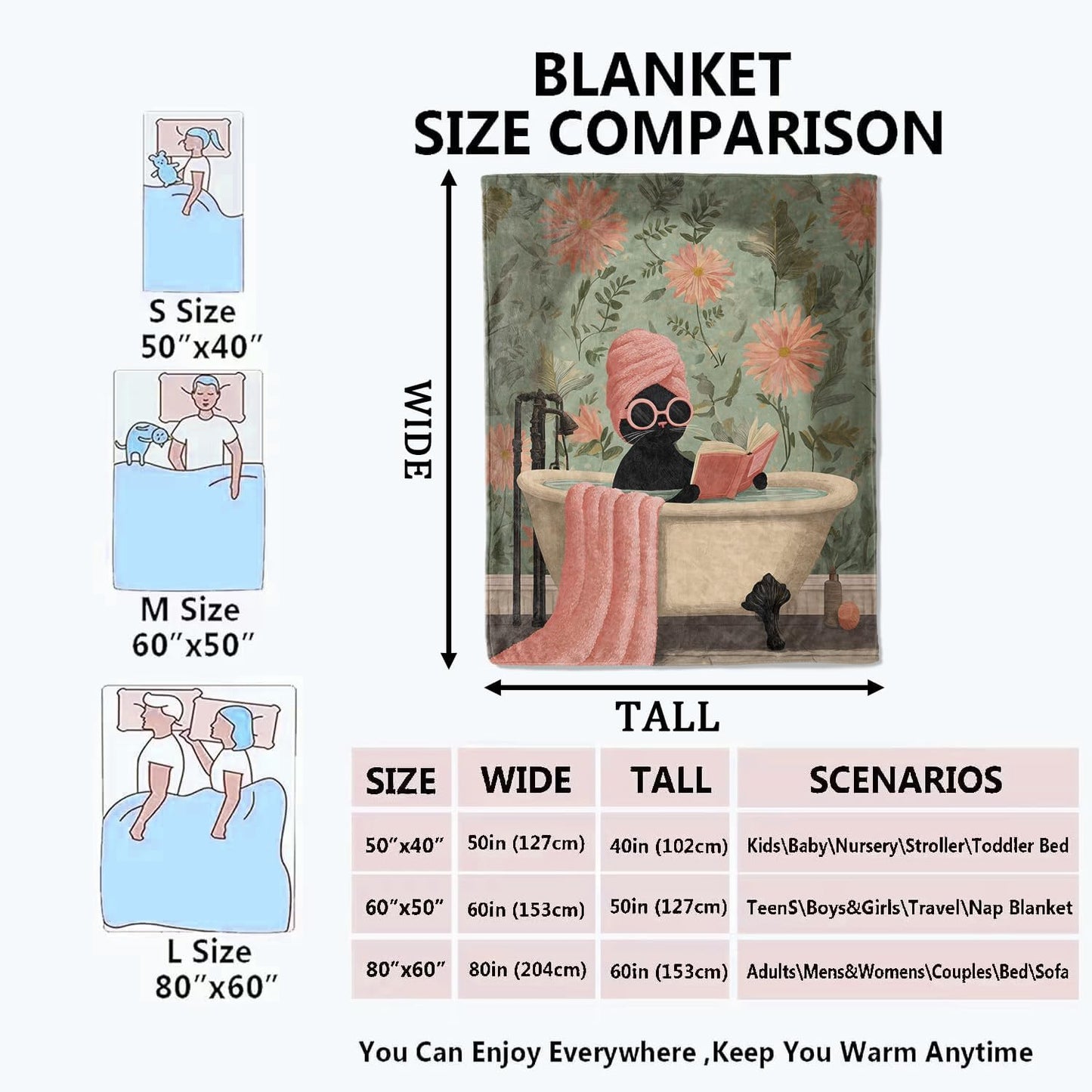 Black Cat Bathtub Blanket, Elegant Floral Flannel Throw Blankets, 50"x60", Soft Warm Lightweight Fuzzy Cozy Throws for Couch Bed Sofa Reading Decorative Gifts for Pet Lover Women Girls