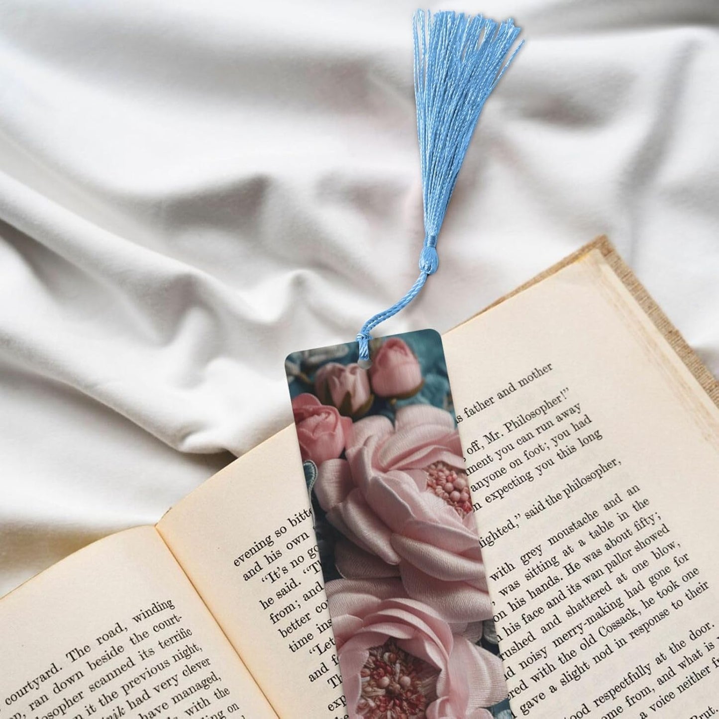 Luxurious Fabrics Bookmarks Gifts for Women Men, Wooden Bookmarks for Book Lovers, Vintage Book Marks Ornaments with Tassel, Unique Personalized Reading Page Markers Sky Blue
